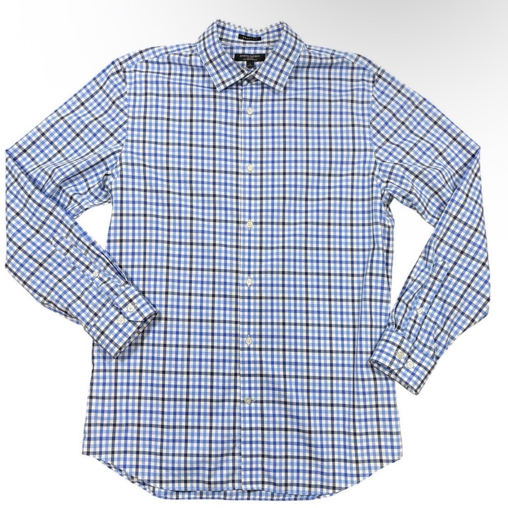 Banana Republic Grant Fit Blue Plaid Button Down SzL Non Iron Cotton Stretch